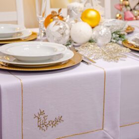 Bieżnik świąteczny Jodełka - Biel złoto