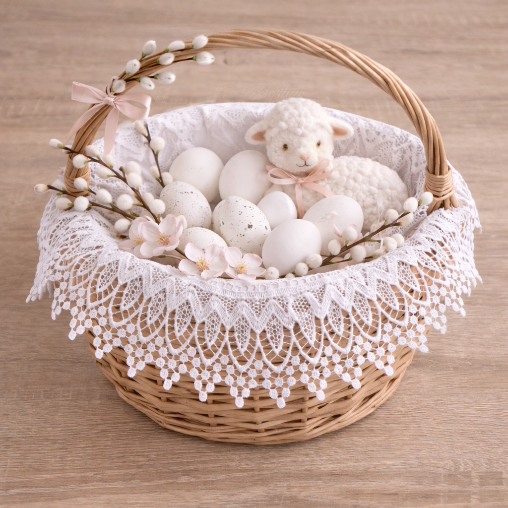 Serwetka do koszyczka wielkanocnego biała z gipiurą